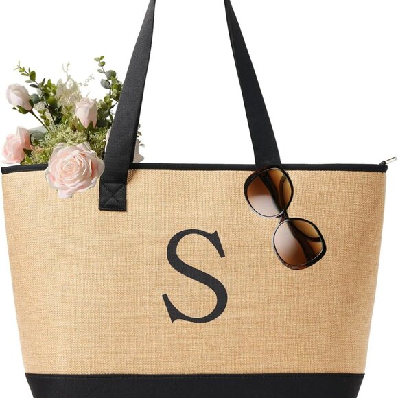 Jewelry - Woven Tote Bag for Women, Lightweigh Monogram Beach Bag with Zipper & Sand-Proof